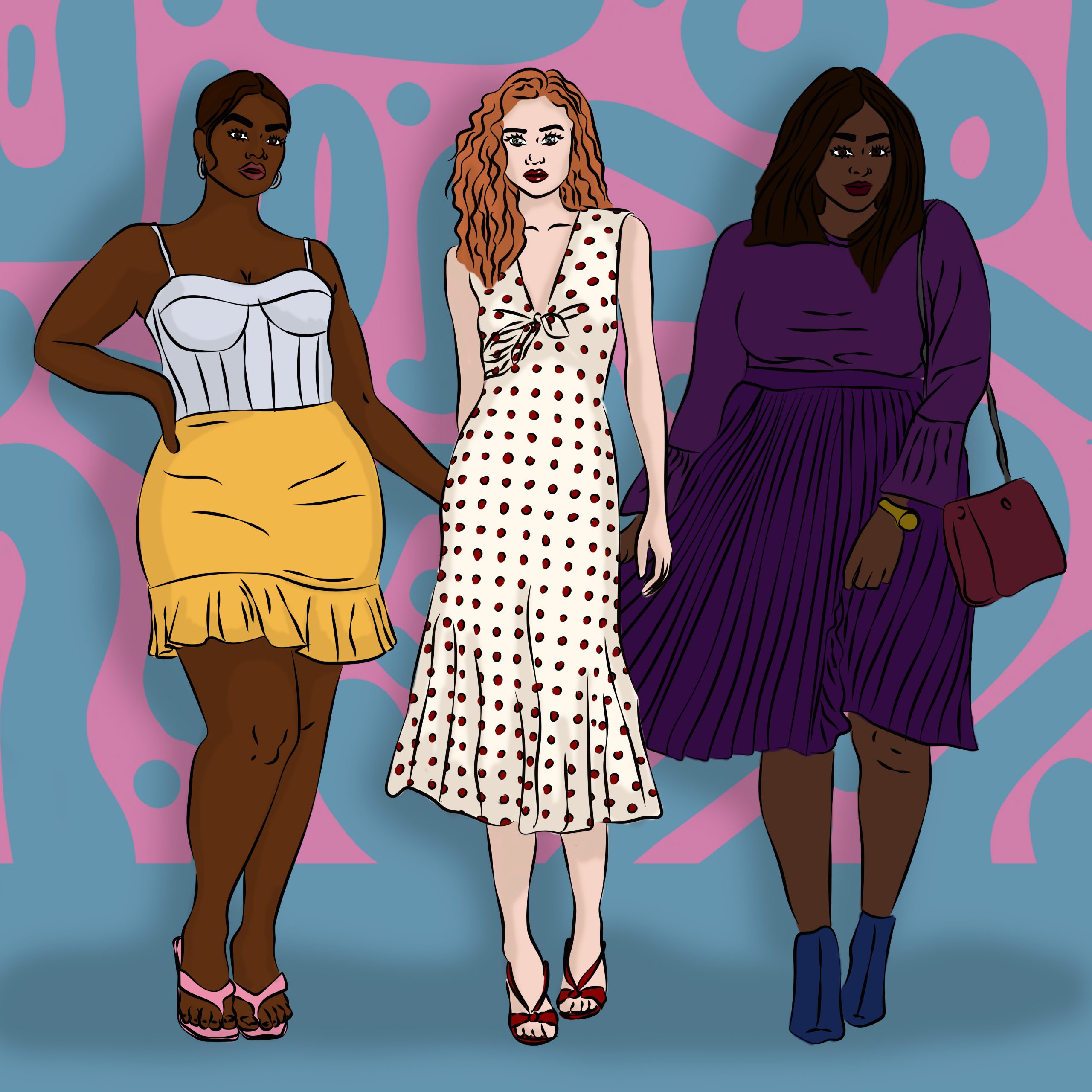 afbeelding met drie vrouwen, links een vrouw in gele minirok, in het midden een vrouw met een polkadotjurk en rechts een vrouw in een volledig paarse outfit