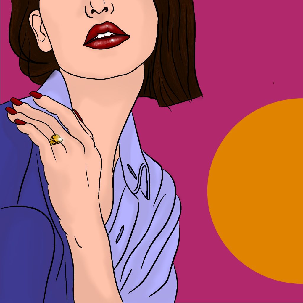 girl shown with signet ring on her ring finger with red lips, brown hair and a lila outfit. The background of the illustration is hot pink with an ochre yellow circle