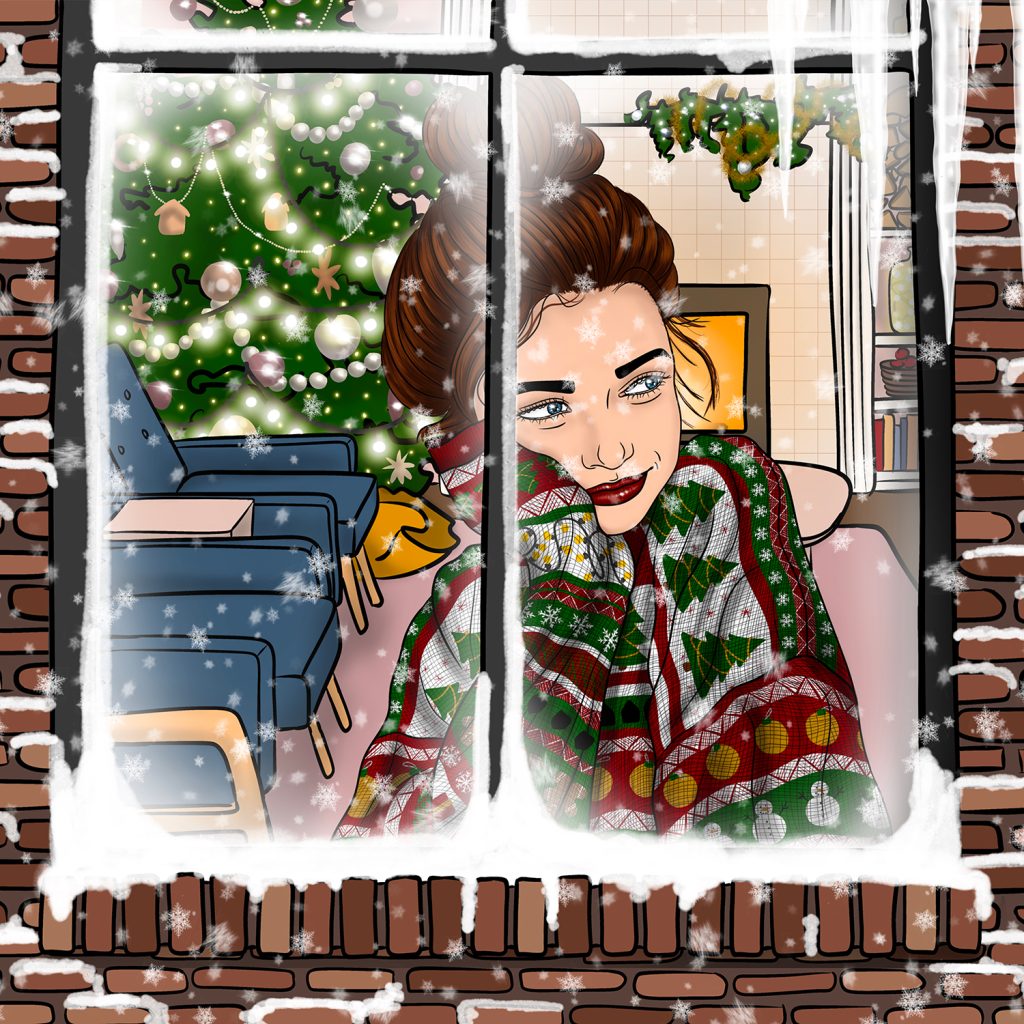 De afbeelding toont een besneeuwd raam met links, rechts en onder nog wat bakstenen. Er ligt sneeuw op de vensterbank en er hangen ijspegels omlaag vanaf de bovenkant van de illustratie. Achter het raam zie je een blank meisje met bruin haar. Ze steunt met haar hoofd op haar rechterhand en met haar elleboog op de vensterbank binnen. Ze kijkt dromerig naar links uit het raam. Ze draagt een foute kersttrui met heel veel uitbundige